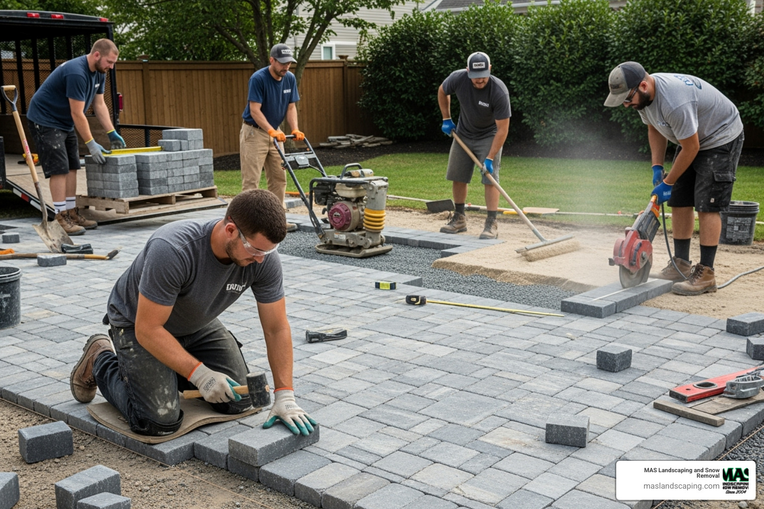 A professional hardscaping crew carefully working on a paver patio installation, highlighting precision and teamwork - hardscaping contractor