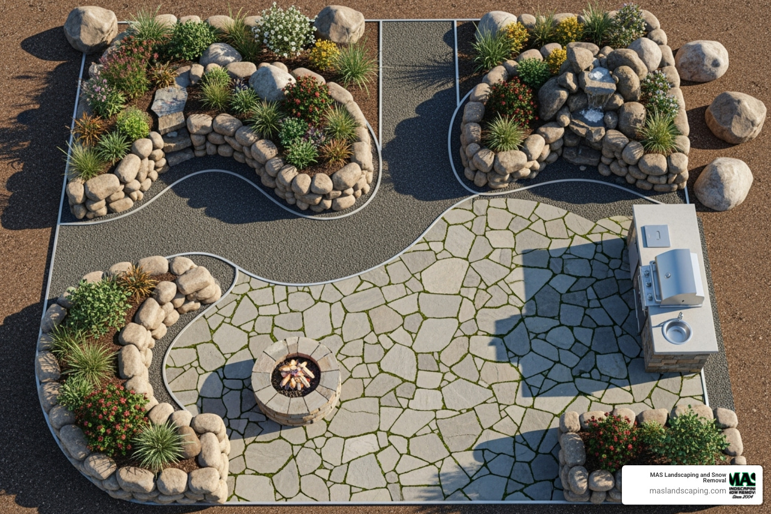 A hardscape design plan or 3D rendering, showing a detailed layout of an outdoor living space - hardscaping contractor
