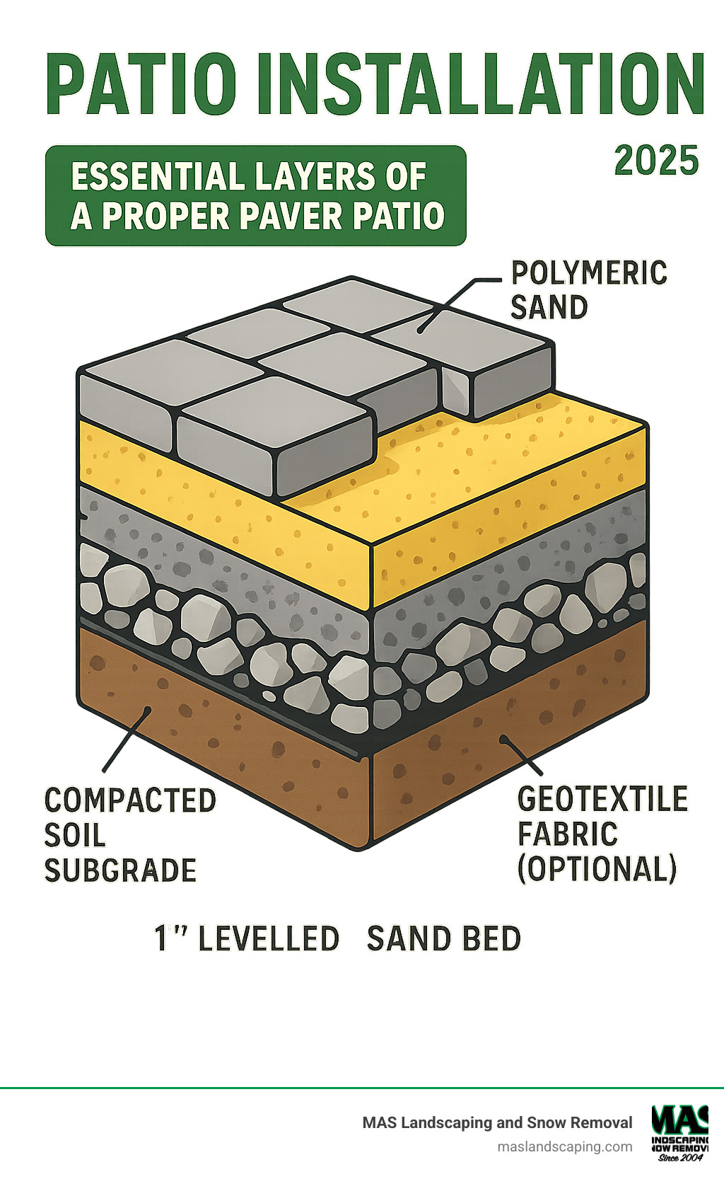 Detailed cross-section diagram showing the essential layers of a proper paver patio installation from bottom to top: compacted soil subgrade, optional geotextile fabric layer, 4-6 inch compacted gravel base, 1-inch leveled sand bed, interlocking pavers, and polymeric sand filling the joints between pavers - patio installations infographic 