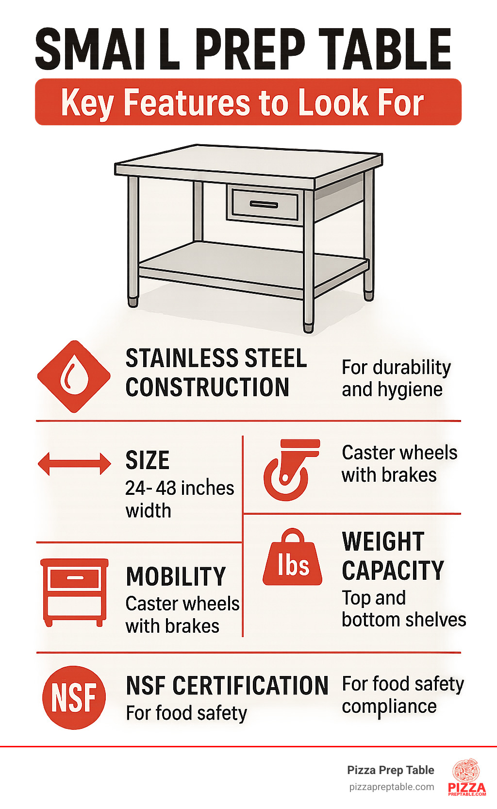 Infographic showing the key features to look for in a small prep table: stainless steel construction for durability and hygiene, appropriate size dimensions (24-48 inches width), mobility features like caster wheels with brakes, storage options including undershelves and drawers, weight capacity ratings for both top and bottom shelves, and NSF certification for commercial food safety compliance - small prep table infographic  Infographic showing the key features to look for in a small prep table: stainless steel construction for durability and hygiene, appropriate size dimensions (24-48 inches width), mobility features like caster wheels with brakes, storage options including undershelves and drawers, weight capacity ratings for both top and bottom shelves, and NSF certification for commercial food safety compliance - small prep table infographic