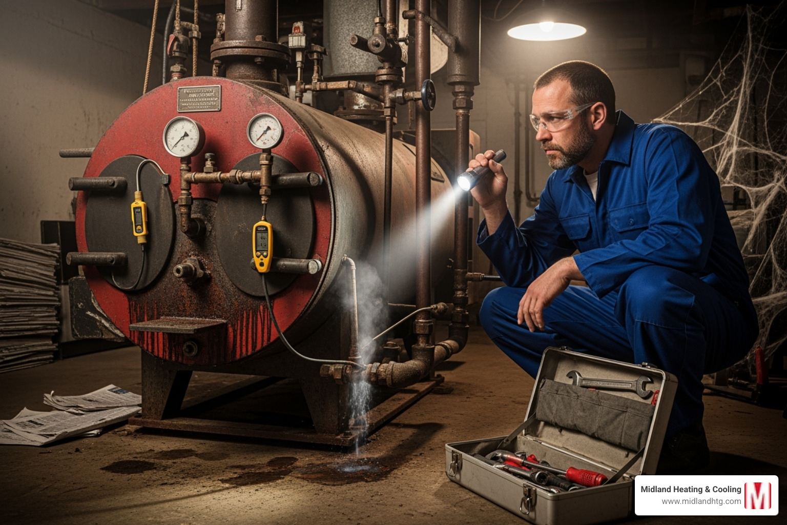 A technician inspecting an older, noisy boiler - Boiler efficiency check