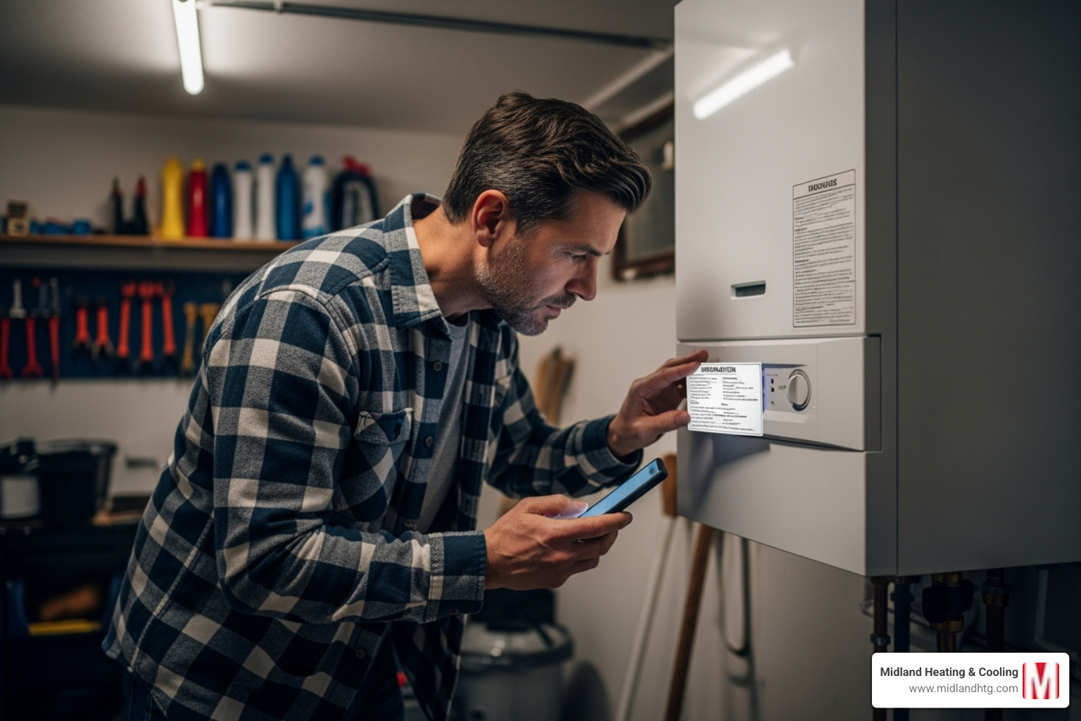 A homeowner looking at the information sticker on their boiler - Boiler efficiency check