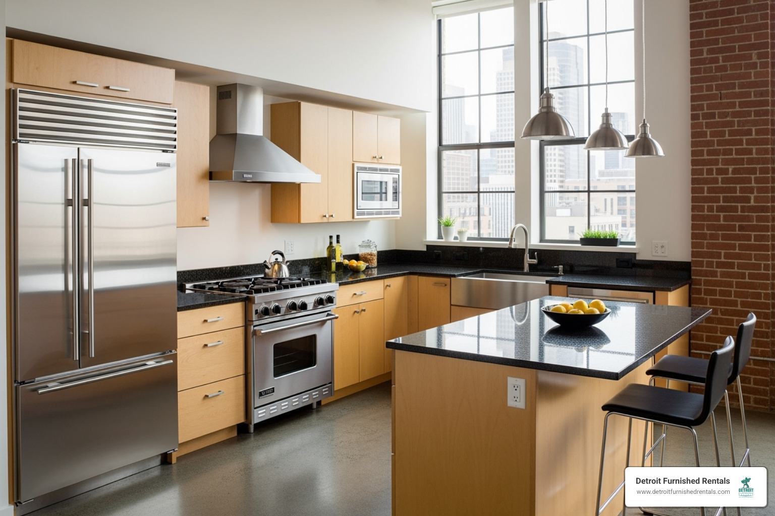 modern loft kitchen with stainless steel appliances and granite countertops - lofts for rent detroit mi
