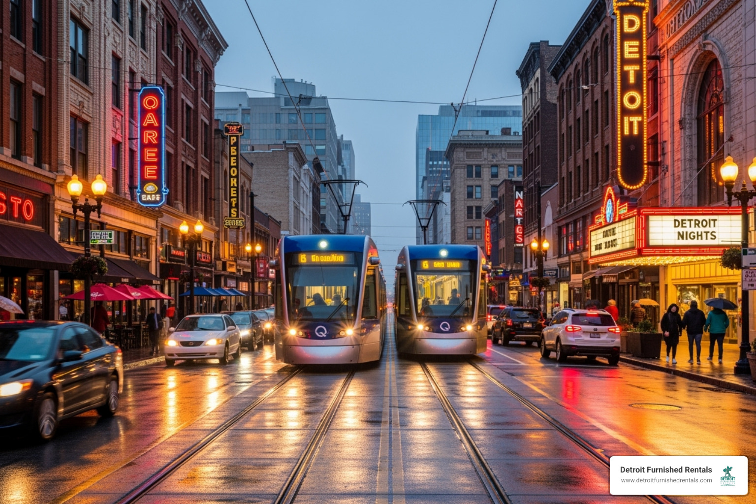 busy street scene in Midtown Detroit with the Q-Line visible - lofts for rent detroit mi