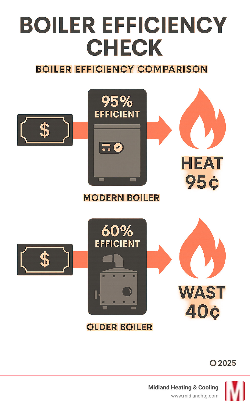Boiler efficiency comparison infographic showing how a 95% efficient modern boiler converts 95 cents of every fuel dollar into heat while wasting only 5 cents, compared to an older 60% efficient boiler that wastes 40 cents of every dollar, with visual representations of fuel costs, heat output, and waste for both systems - Boiler efficiency check infographic 