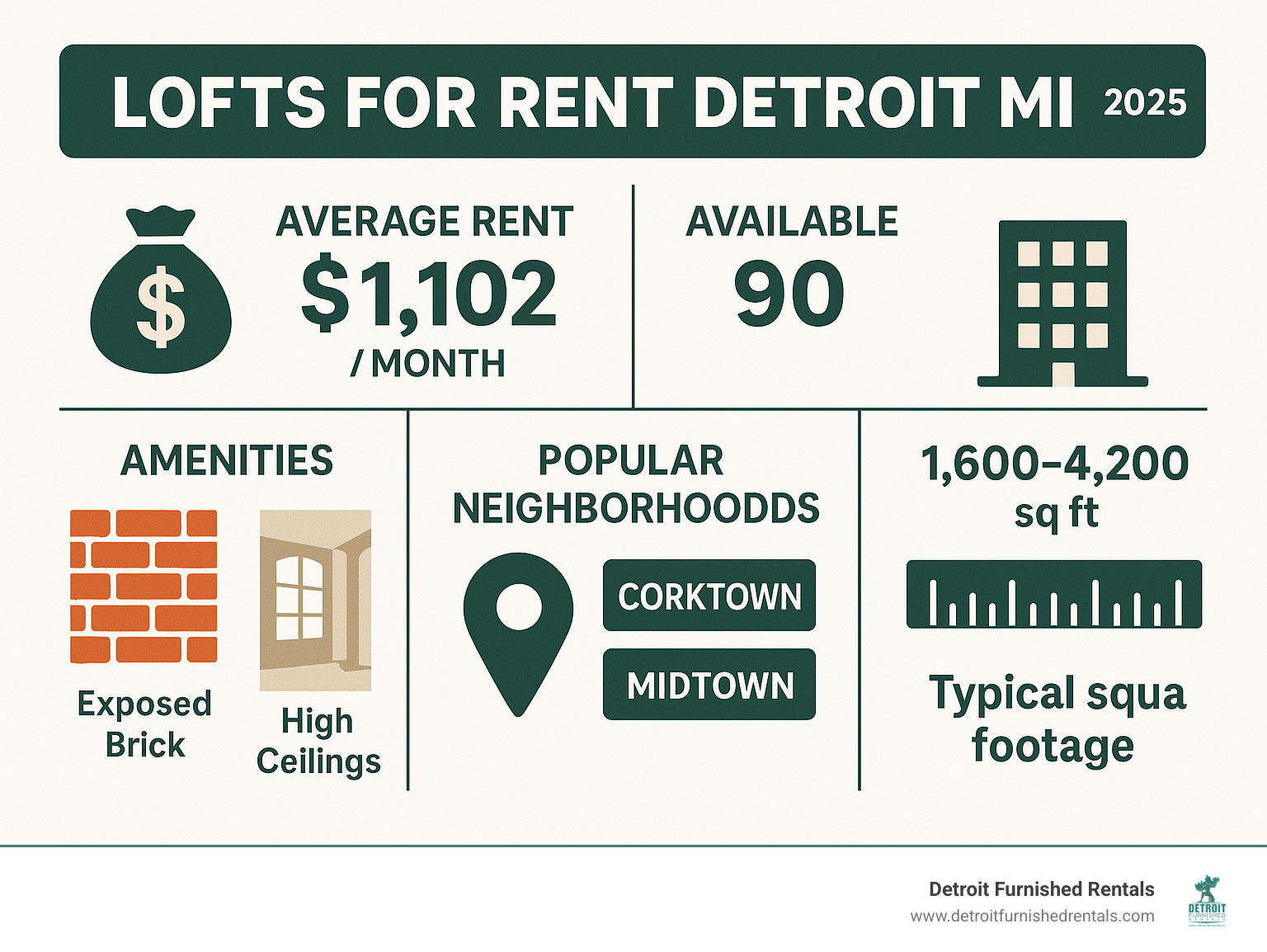 Infographic showing Detroit loft features including average rent of $1,102, 90 available units, key amenities like exposed brick and high ceilings, popular neighborhoods Corktown and Midtown, and typical square footage ranging 1,600-4,200 sq ft - lofts for rent detroit mi infographic 