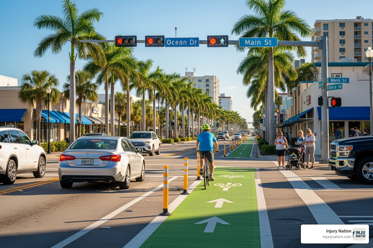 Image of a busy Florida intersection with a designated bike lane. - bike crash attorney
