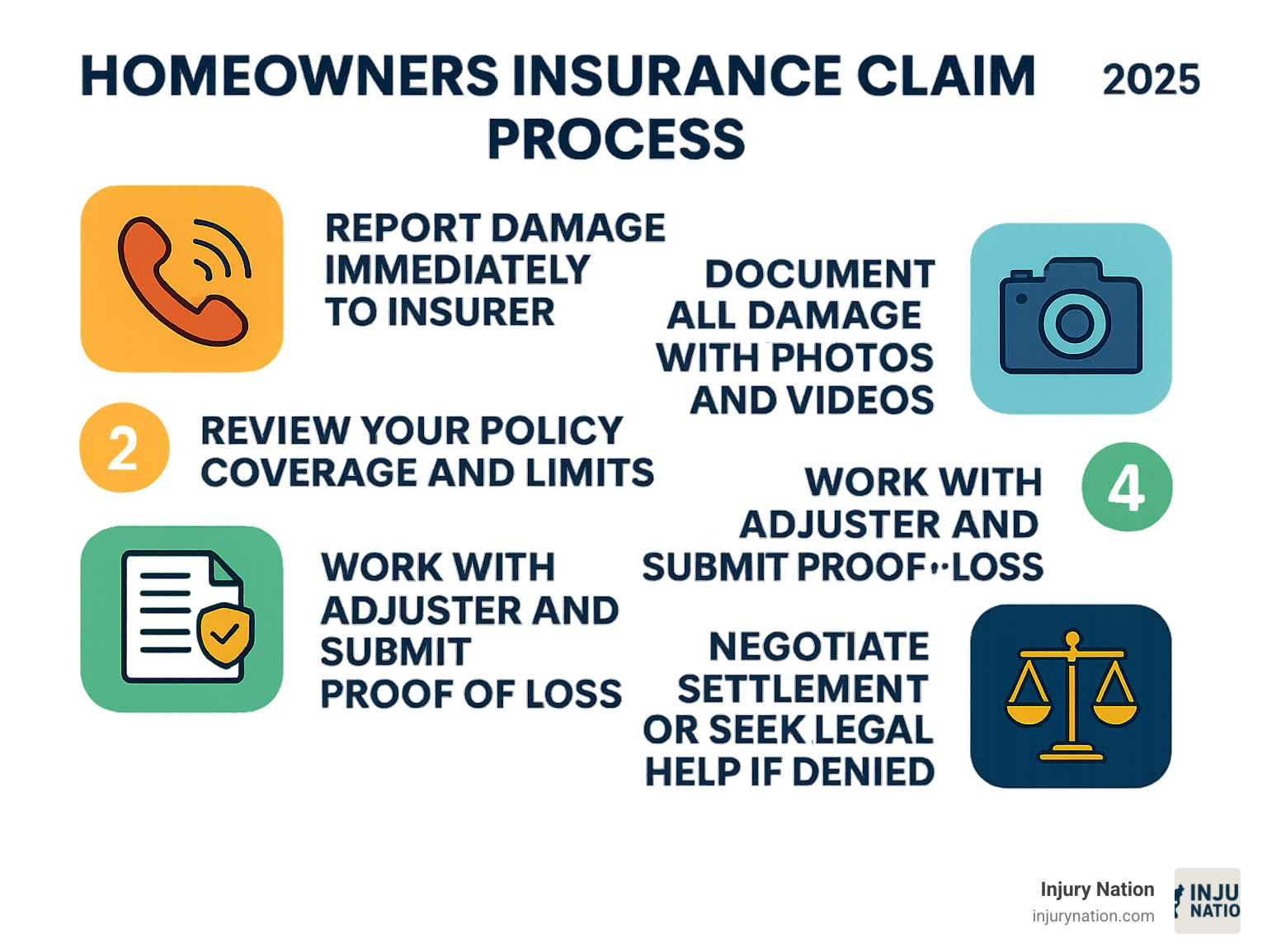 Infographic showing the 5 steps of a homeowners insurance claim process: 1. Report damage immediately to insurer, 2. Document all damage with photos and videos, 3. Review your policy coverage and limits, 4. Work with adjuster and submit proof of loss, 5. Negotiate settlement or seek legal help if denied - homeowners insurance lawyer infographic Infographic showing the 5 steps of a homeowners insurance claim process: 1. Report damage immediately to insurer, 2. Document all damage with photos and videos, 3. Review your policy coverage and limits, 4. Work with adjuster and submit proof of loss, 5. Negotiate settlement or seek legal help if denied - homeowners insurance lawyer infographic