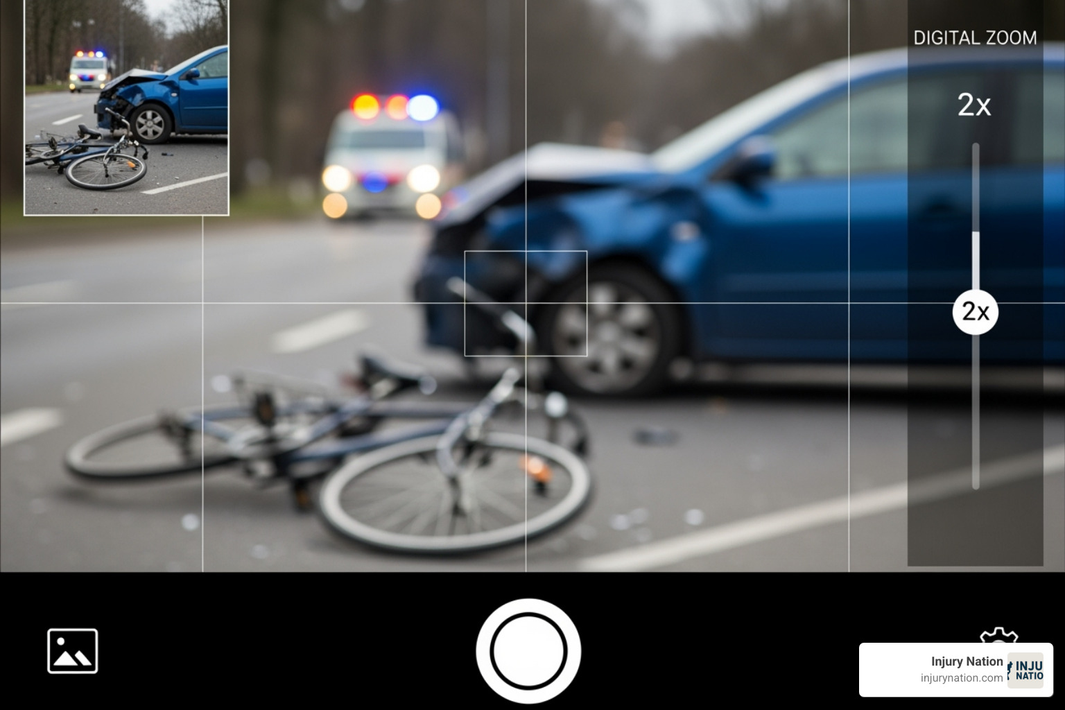 smartphone screen showing camera app open, with damaged bicycle and car in blurred background - bike wreck attorney