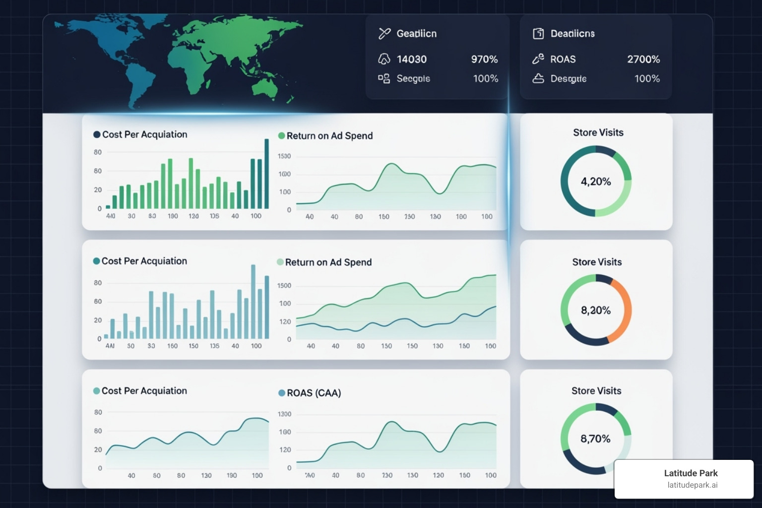 A dashboard showing ROI metrics broken down by geographic location, with charts for CPA, ROAS, and store visits for each region - Multi-location digital advertising A dashboard showing ROI metrics broken down by geographic location, with charts for CPA, ROAS, and store visits for each region - Multi-location digital advertising