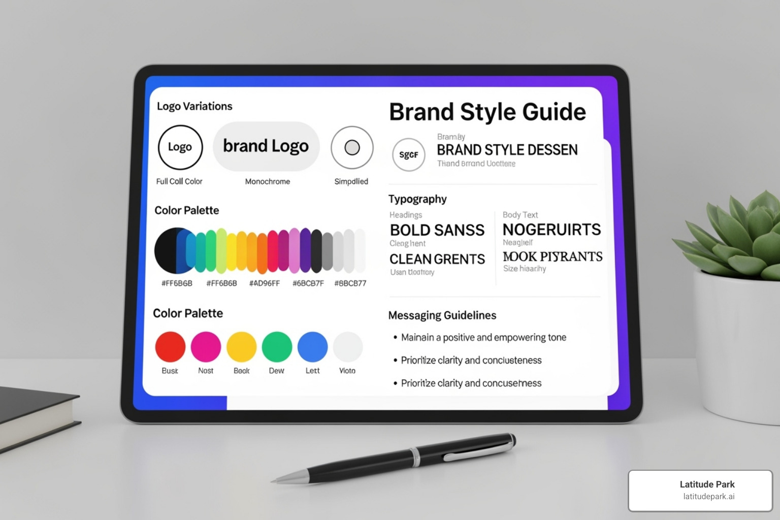 A digital brand guide displaying logos, color palettes, typography, and messaging guidelines - Multi-location digital advertising A digital brand guide displaying logos, color palettes, typography, and messaging guidelines - Multi-location digital advertising