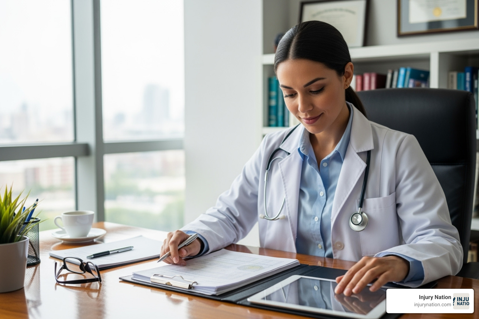 doctor reviewing a patient's medical chart - disability insurance claims attorneys