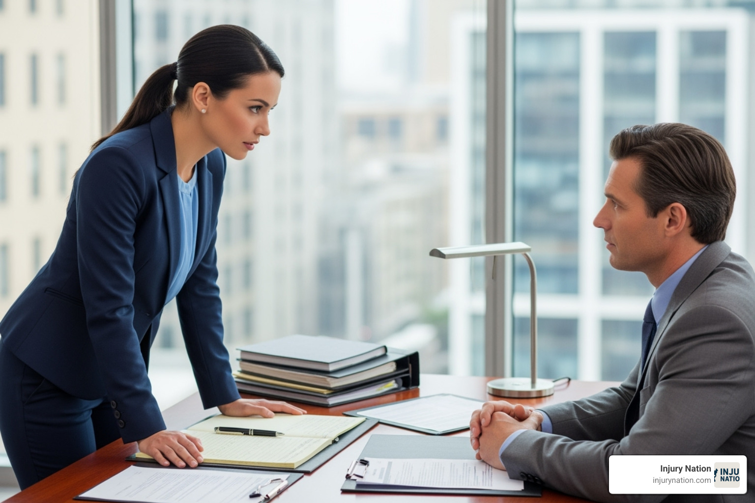 lawyer confidently negotiating with an insurance adjuster - homeowners insurance claim lawyer