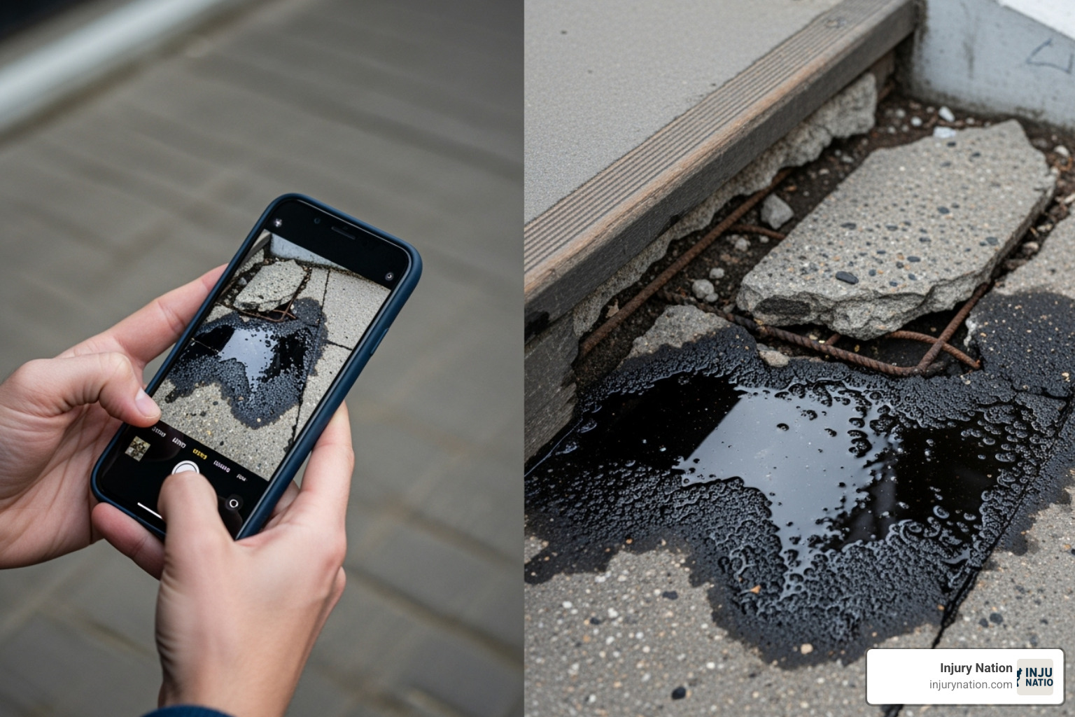 person taking a photo of a hazardous condition with their smartphone - slip and fall lawsuit cases