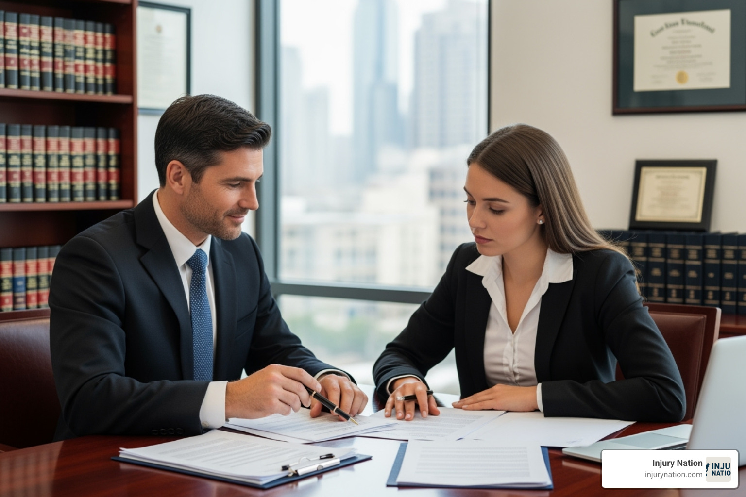 lawyer consulting with a client in an office setting - slip and fall lawsuit cases