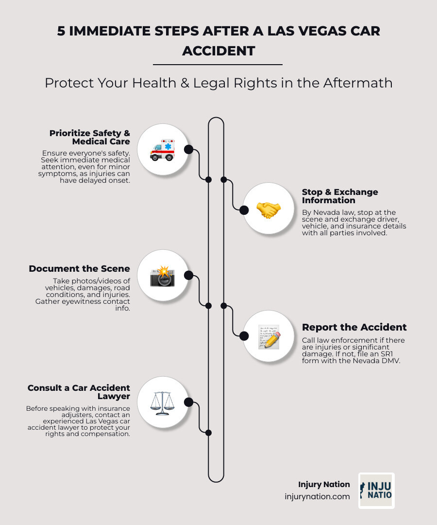 Infographic explaining the 5 immediate steps to take after a car accident in Las Vegas - las vegas nevada car accident lawyers infographic infographic-line-5-steps-neat_beige Infographic explaining the 5 immediate steps to take after a car accident in Las Vegas - las vegas nevada car accident lawyers infographic infographic-line-5-steps-neat_beige