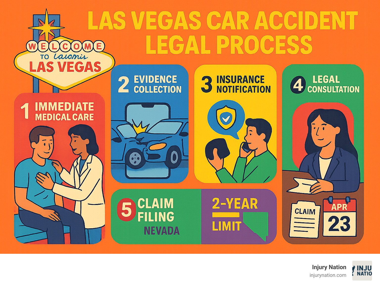 Las Vegas car accident legal process infographic showing 5 key steps: immediate medical care, evidence collection, insurance notification, legal consultation, and claim filing with Nevada-specific timelines and requirements - car accident injury lawyer las vegas infographic Las Vegas car accident legal process infographic showing 5 key steps: immediate medical care, evidence collection, insurance notification, legal consultation, and claim filing with Nevada-specific timelines and requirements - car accident injury lawyer las vegas infographic