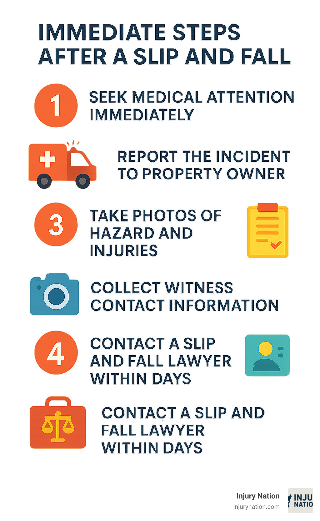 Infographic showing 5 immediate steps after a slip and fall: 1. Seek medical attention immediately 2. Report the incident to property owner 3. Take photos of hazard and injuries 4. Collect witness contact information 5. Contact a slip and fall lawyer within days - lawyers for slip and fall accidents infographic 