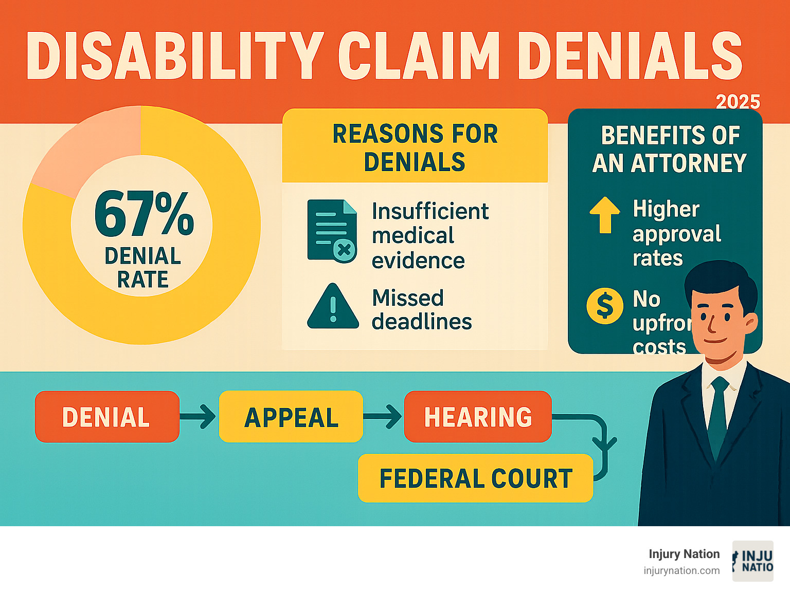 Infographic showing disability claim denial rates at 67%, common reasons for denials including insufficient medical evidence and missed deadlines, benefits of hiring an attorney including increased approval rates and no upfront costs, and the appeals process timeline from initial denial to potential federal court litigation - disability insurance claims attorneys infographic 