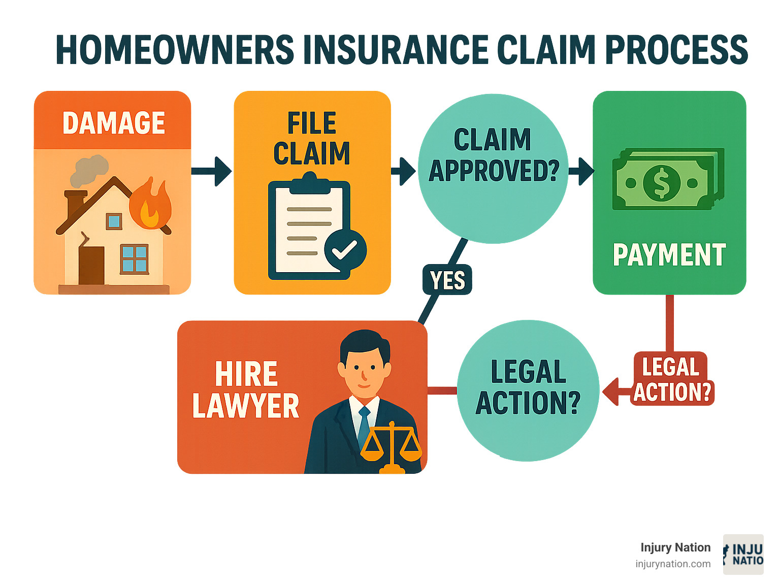 Infographic showing the homeowners insurance claim process from initial damage through potential legal resolution, including key decision points where a lawyer becomes necessary such as claim denial, lowball offers, or unreasonable delays - homeowners insurance claim lawyer infographic 
