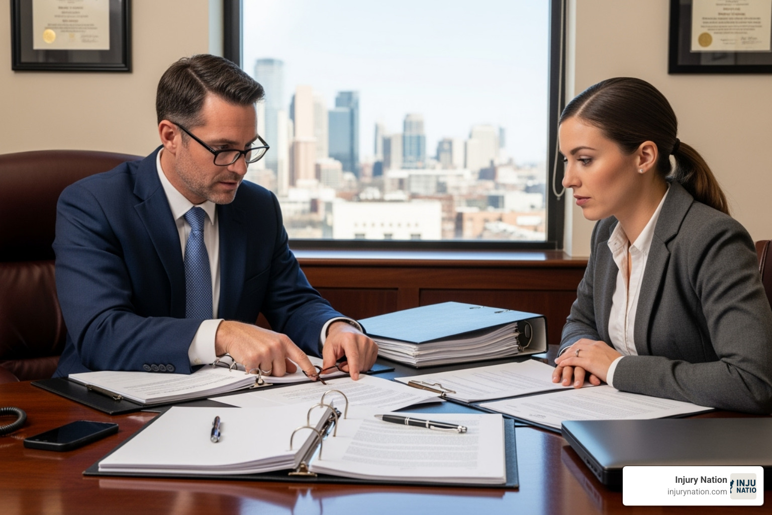 Attorney reviewing documents with client - Rear end accident attorney