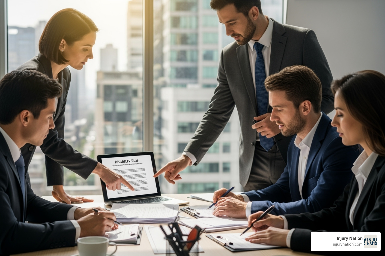 magnifying glass over an insurance policy document - disability insurance claims attorneys