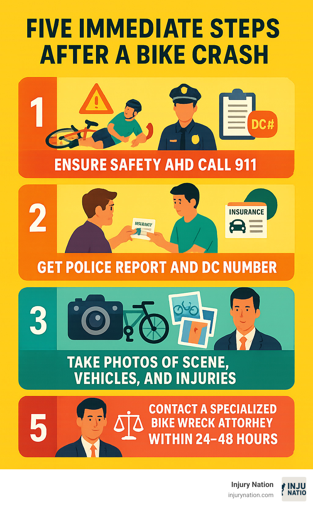 Infographic showing 5 immediate steps after a bike crash: 1) Ensure safety and call 911, 2) Get police report and DC number, 3) Exchange insurance information with driver, 4) Take photos of scene, vehicles, and injuries, 5) Contact a specialized bike wreck attorney within 24-48 hours - bike wreck attorney infographic 