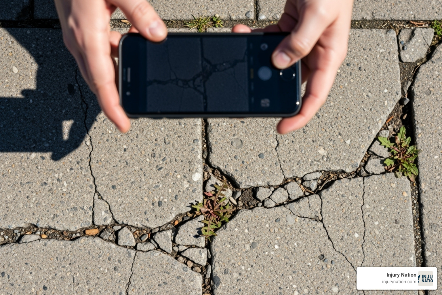 person taking a photo of a cracked sidewalk with their phone - attorney for slip and fall cases