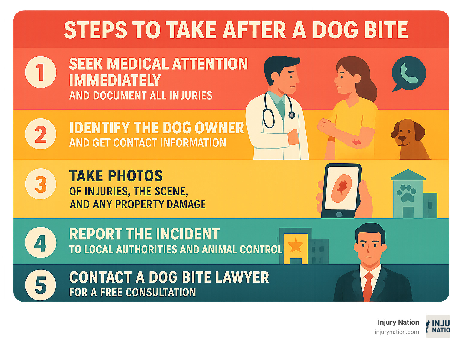 Infographic showing 5 immediate steps after a dog bite: 1) Seek medical attention immediately and document all injuries, 2) Identify and get contact information from the dog owner, 3) Take photos of injuries, the scene, and any property damage, 4) Report the incident to local authorities and animal control, 5) Contact a specialized dog bite lawyer for a free consultation - dog bite lawyers near me infographic 