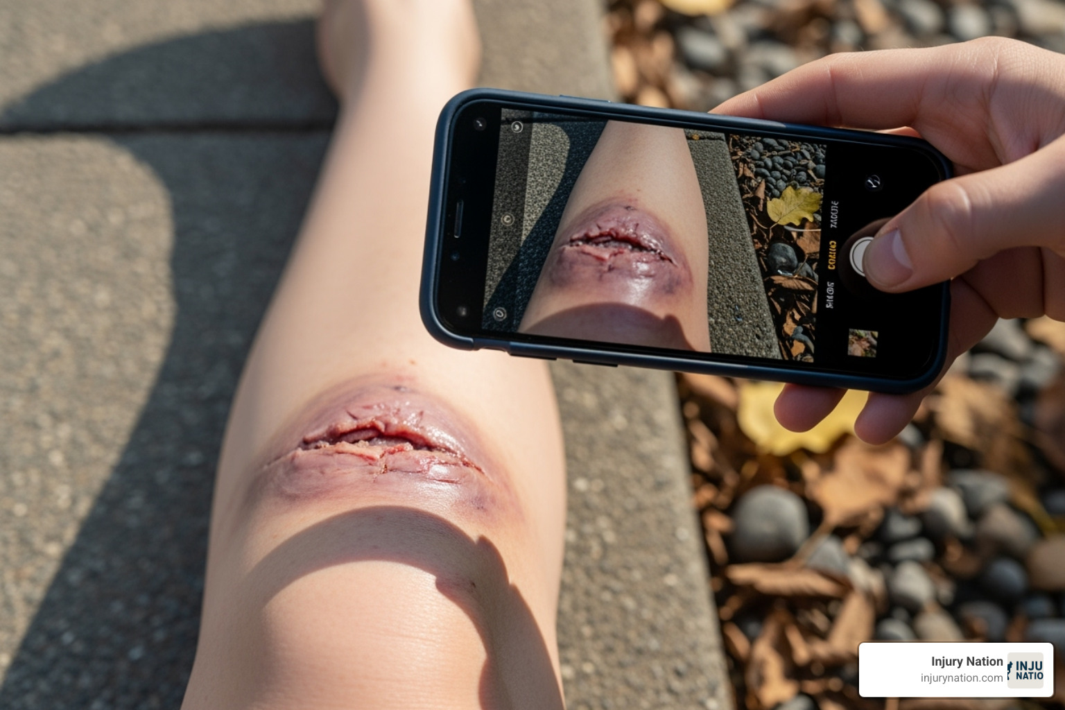 A person using a smartphone to photograph an injury and the surrounding area. - animal injury attorney