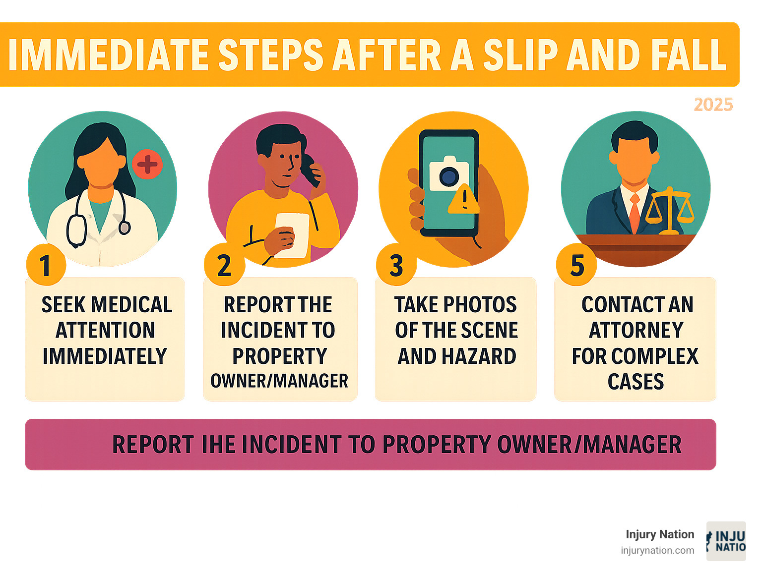 Infographic showing 5 immediate steps after a slip and fall: 1) Seek medical attention immediately, 2) Report the incident to property owner/manager, 3) Take photos of the scene and hazard, 4) Gather witness contact information, 5) Contact an attorney for complex cases - attorney for slip and fall cases infographic 