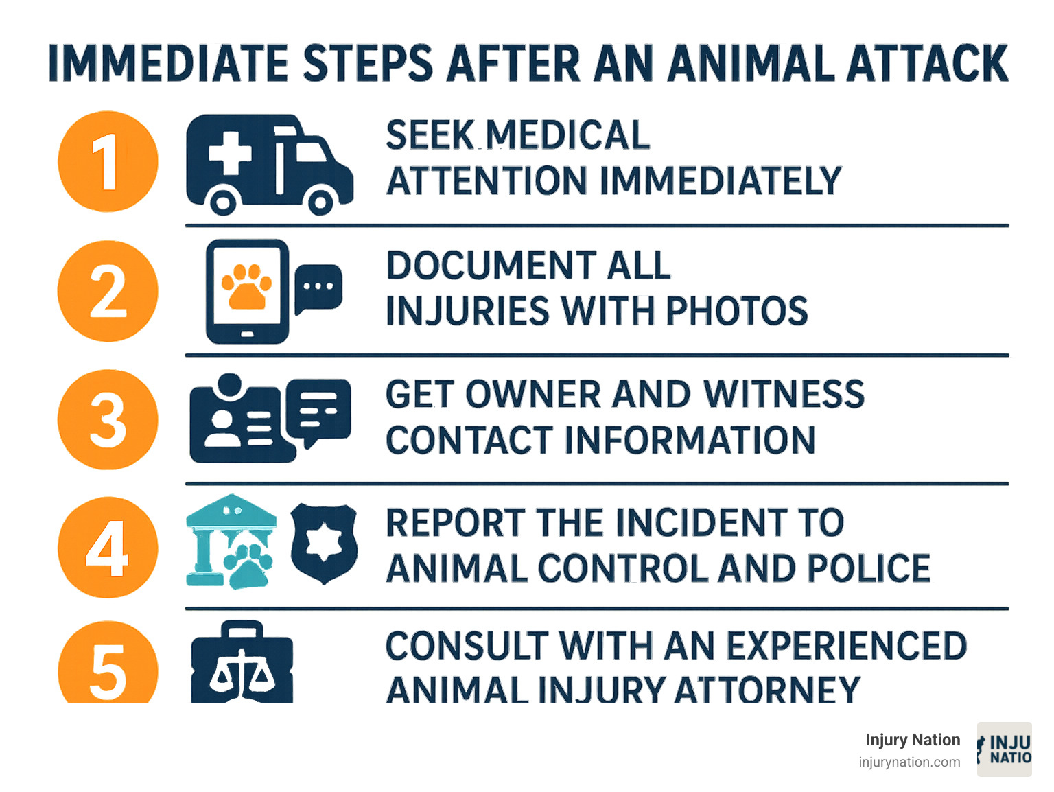 Infographic showing 5 immediate steps after an animal attack: 1. Seek medical attention immediately, 2. Document all injuries with photos, 3. Get owner and witness contact information, 4. Report the incident to animal control and police, 5. Consult with an experienced animal injury attorney - animal injury attorney infographic 