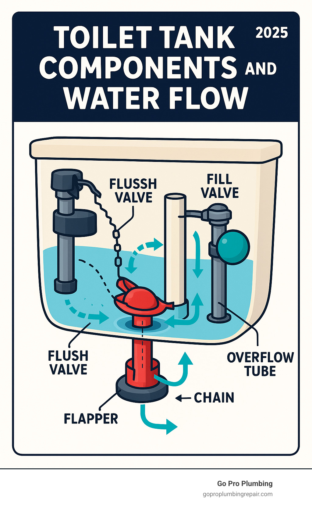 Detailed infographic showing toilet tank components including flush valve, flapper, chain, fill valve, and overflow tube with arrows indicating water flow during flush cycle - change toilet flusher infographic 