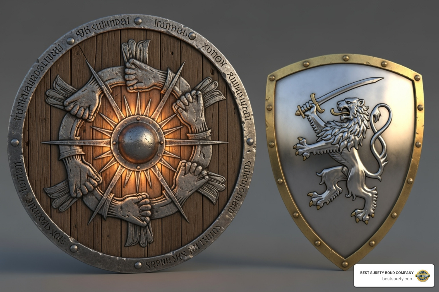 Image of a shield labeled "Bond" protecting the public and another shield labeled "E&O Insurance" for notaries - Notary public bond