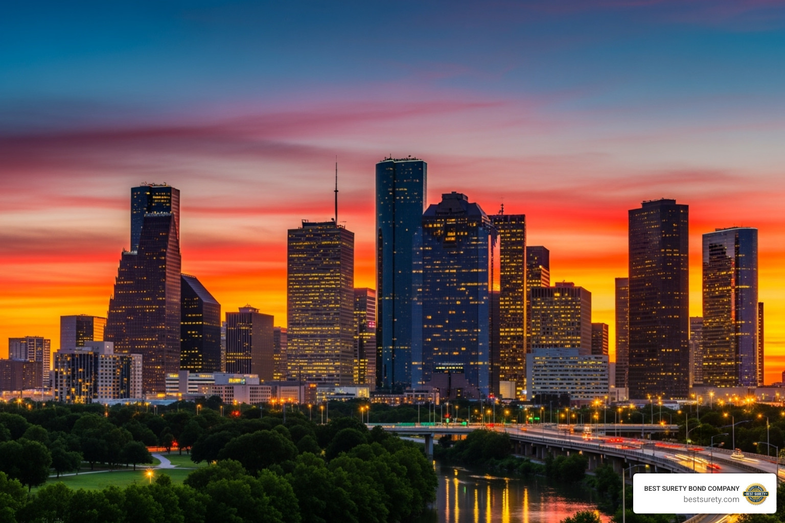 Houston, Texas skyline at sunset - Notary public bond