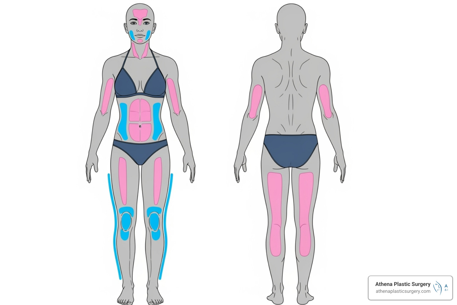 A diagram showing common laser hair removal treatment areas on the human body, indicating zones for face, underarms, bikini, legs, back, and arms. - Laser hair removal prices A diagram showing common laser hair removal treatment areas on the human body, indicating zones for face, underarms, bikini, legs, back, and arms. - Laser hair removal prices