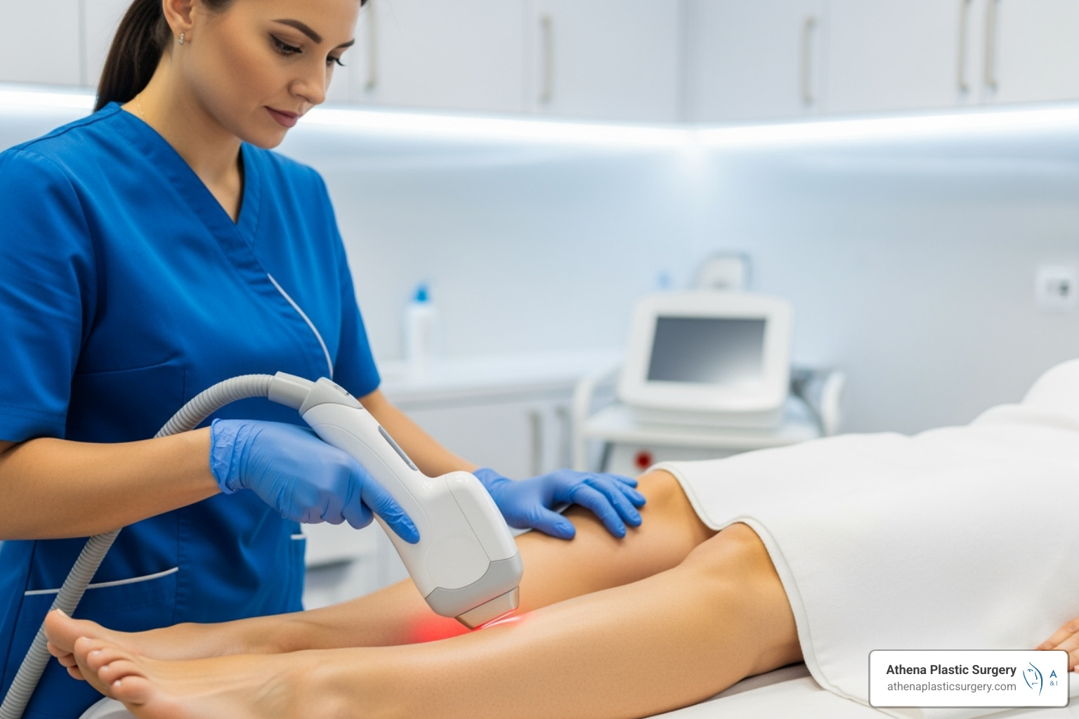 A professional technician is operating a laser hair removal device on a patient's leg. - Laser hair removal prices A professional technician is operating a laser hair removal device on a patient's leg. - Laser hair removal prices