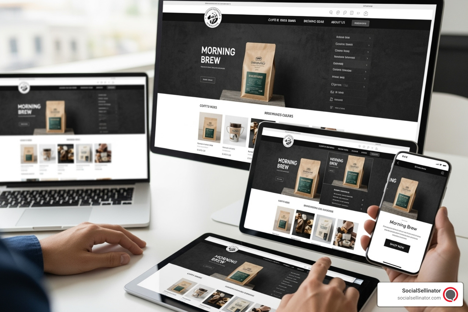 Person interacting with a well-designed website on a desktop, tablet, and phone, highlighting responsiveness and user experience - best digital marketing company websites Person interacting with a well-designed website on a desktop, tablet, and phone, highlighting responsiveness and user experience - best digital marketing company websites