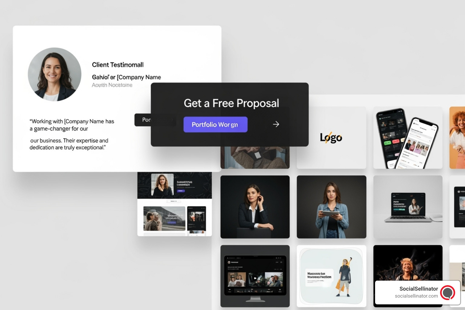 Collage of website elements: a client testimonial, a 'Get a Free Proposal' CTA button, and a grid displaying portfolio work - best digital marketing company websites Collage of website elements: a client testimonial, a 'Get a Free Proposal' CTA button, and a grid displaying portfolio work - best digital marketing company websites