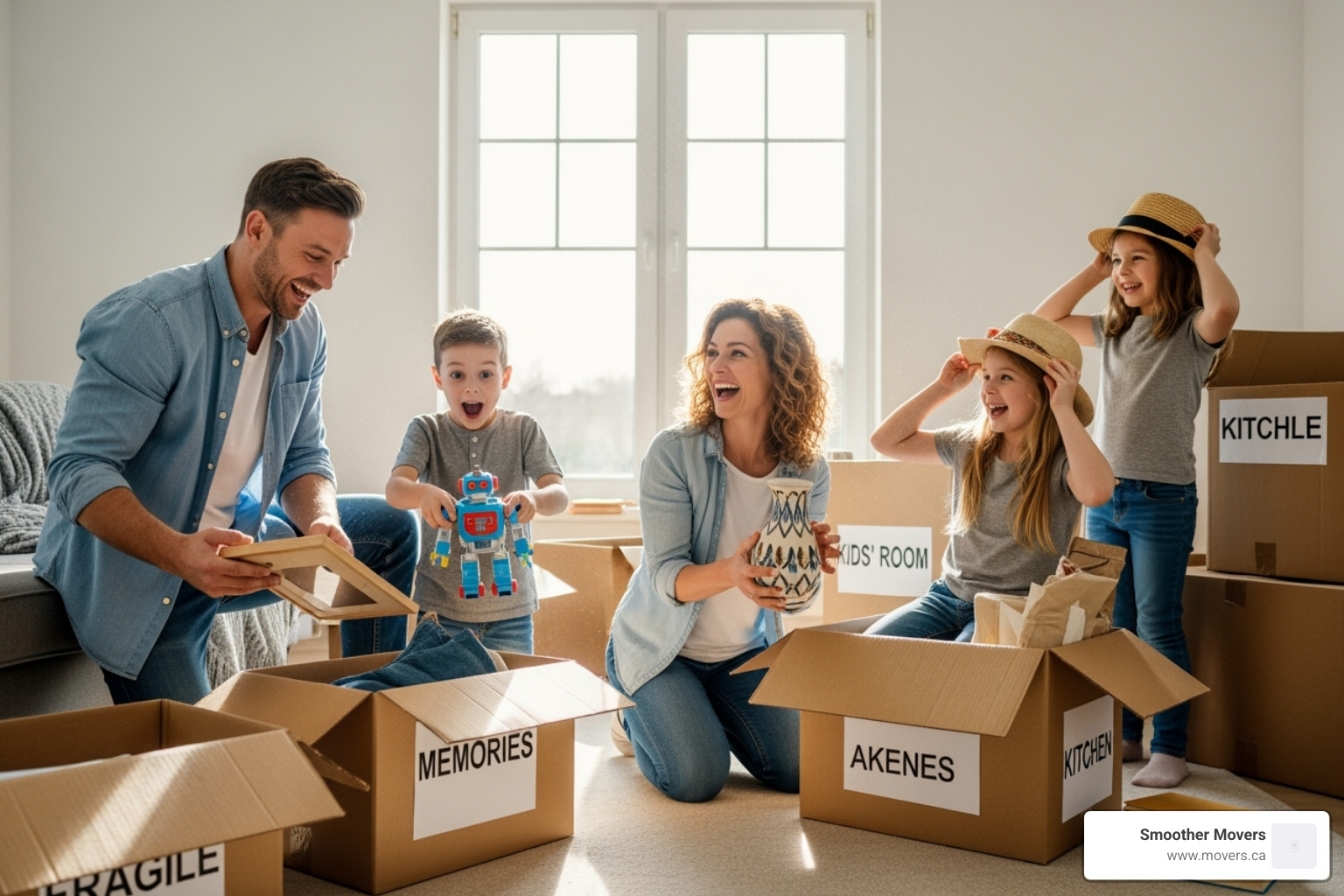 A happy family unpacking in their new home - long distance movers vancouver bc A happy family unpacking in their new home - long distance movers vancouver bc