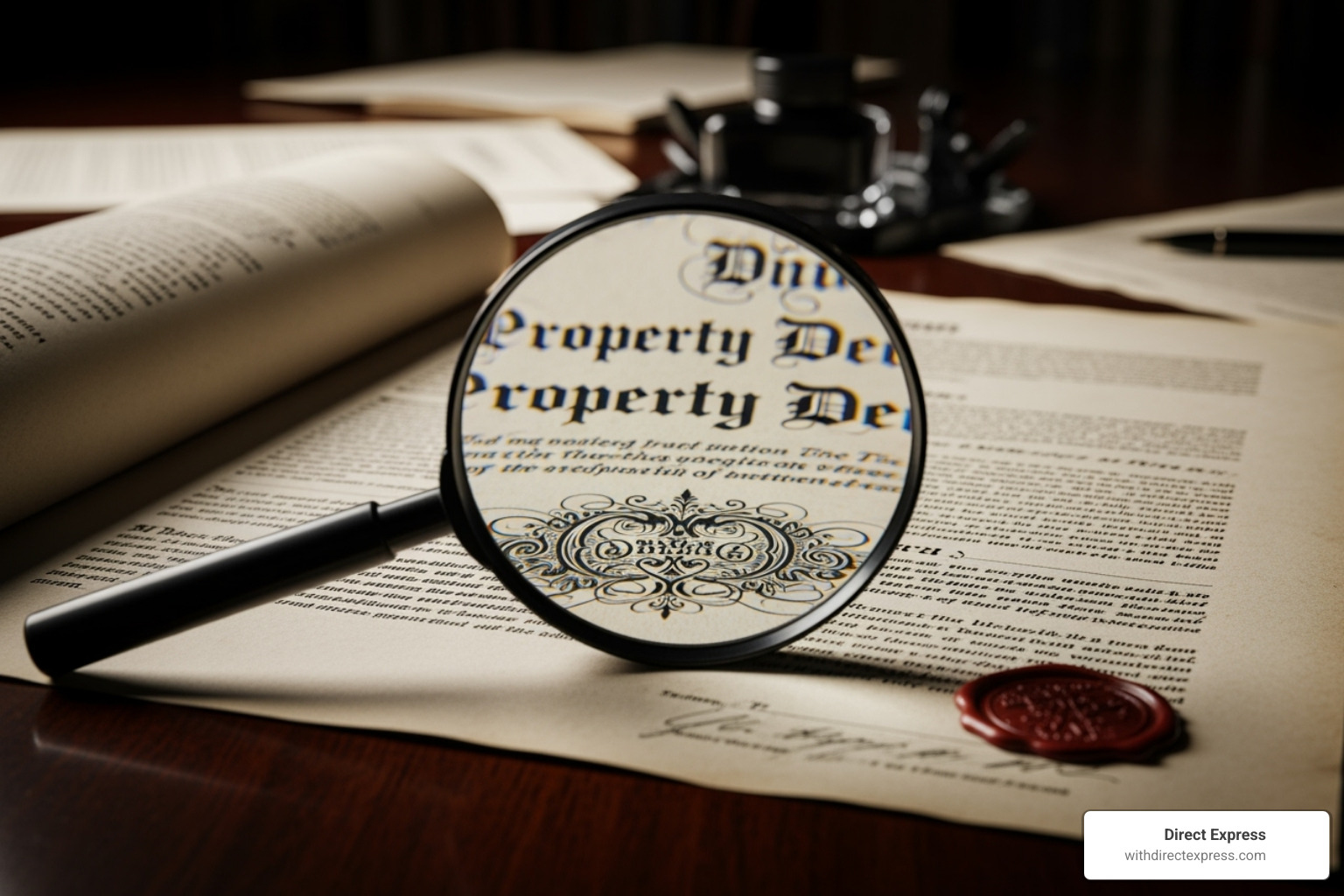 Magnifying glass over property deed - Real estate law Florida