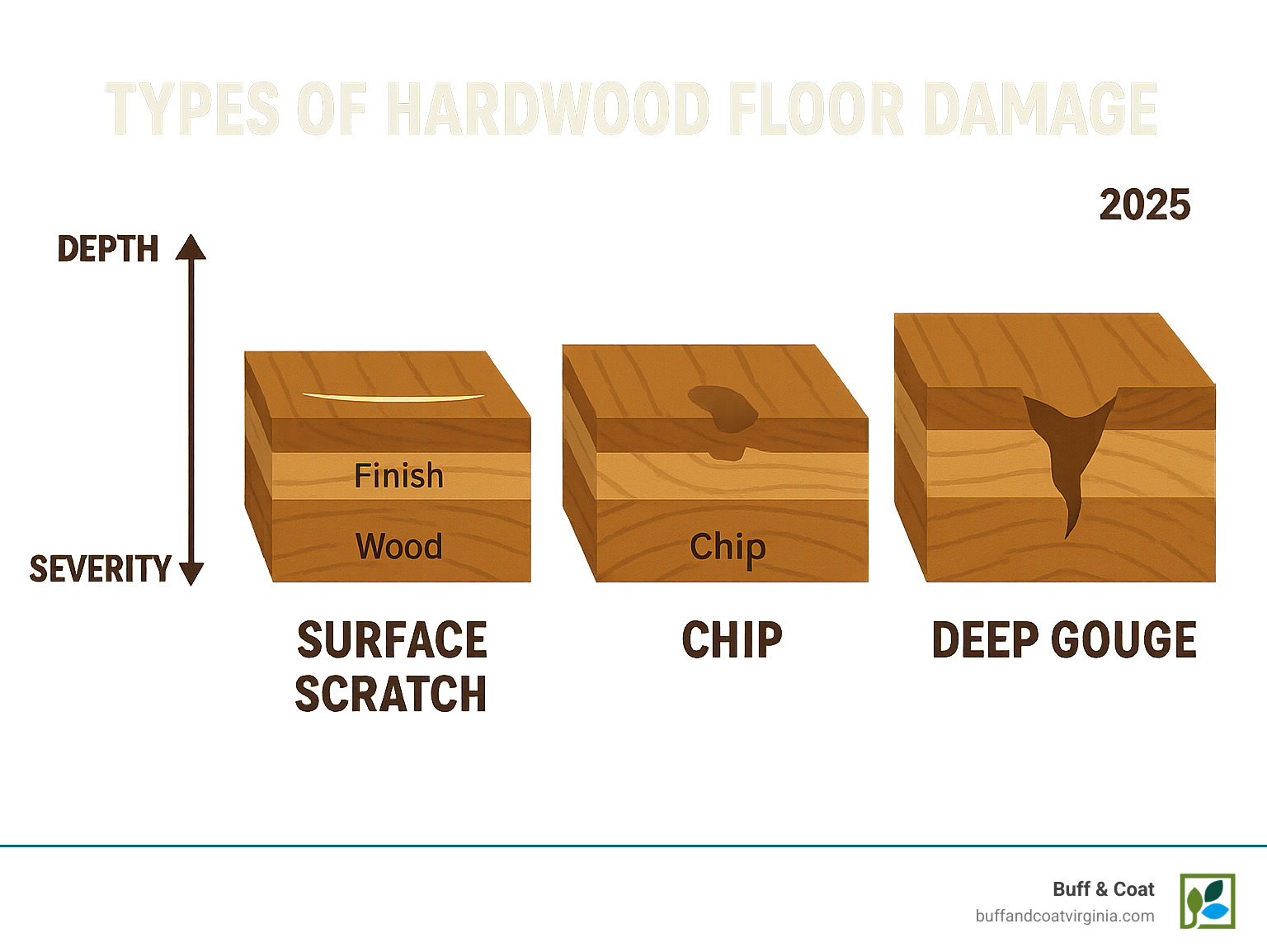 Infographic showing cross-section diagrams of different types of hardwood floor damage: surface scratch (affecting only the finish layer), chip (removing small pieces of wood), and deep gouge (penetrating multiple wood layers), with arrows indicating depth and severity levels - fix chip in hardwood floor infographic Infographic showing cross-section diagrams of different types of hardwood floor damage: surface scratch (affecting only the finish layer), chip (removing small pieces of wood), and deep gouge (penetrating multiple wood layers), with arrows indicating depth and severity levels - fix chip in hardwood floor infographic