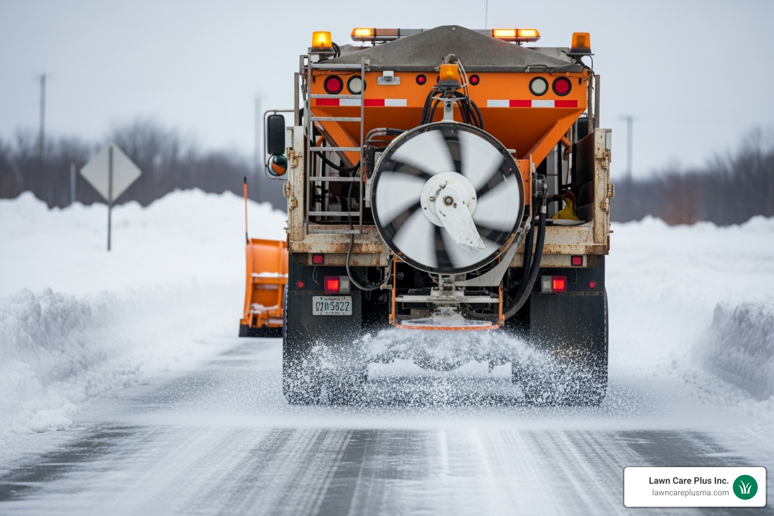 truck-mounted salt spreader in action - commercial snow removal equipment