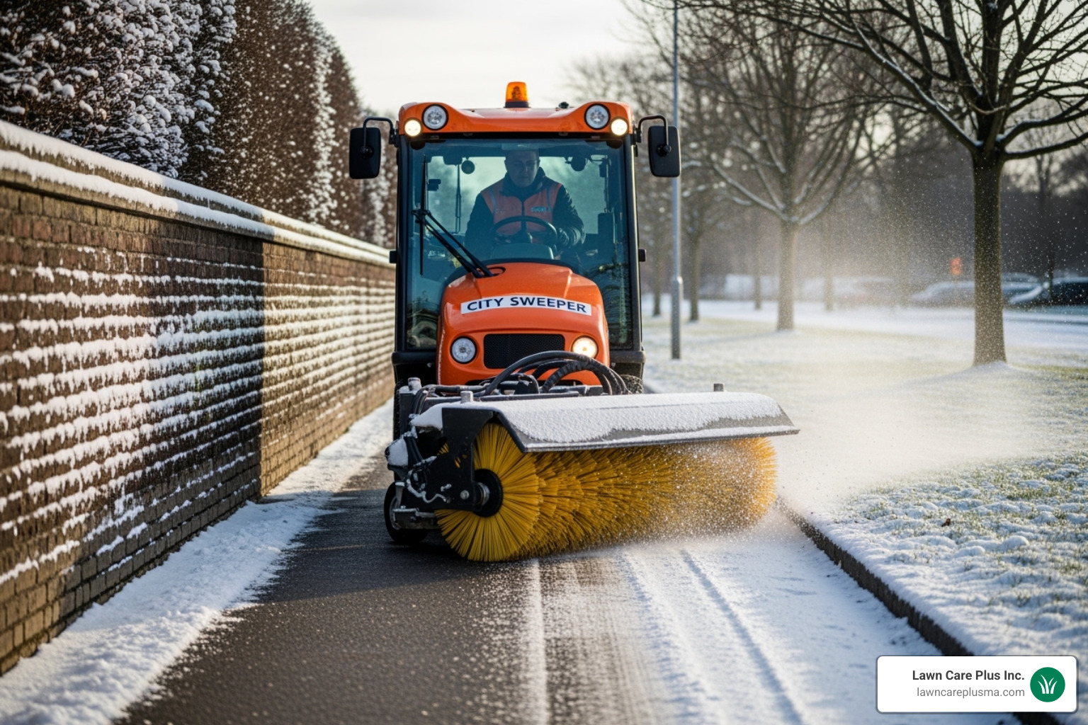 compact sidewalk snow vehicle with a power broom attachment clearing a narrow path - commercial snow removal equipment