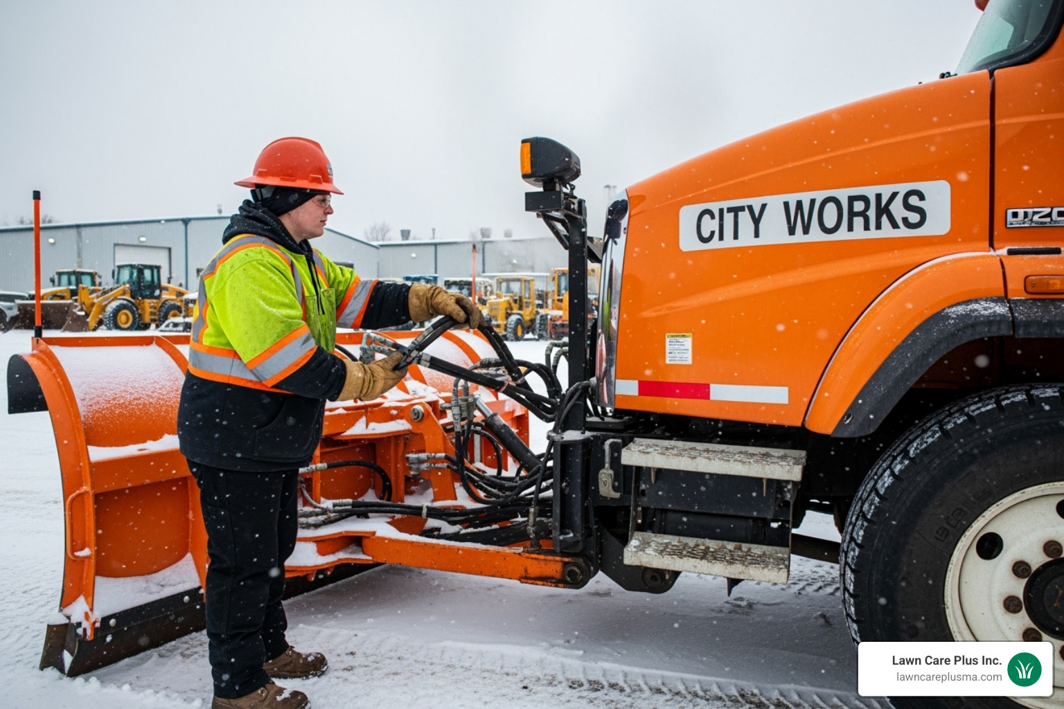 operator performing a pre-shift safety check on a snow plow - commercial snow removal equipment