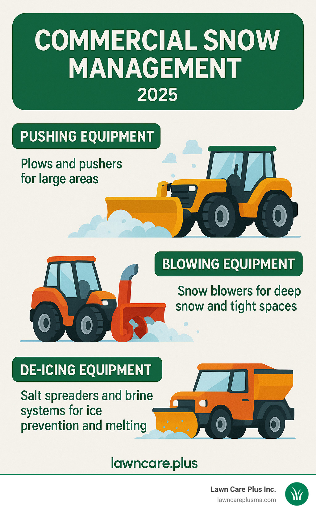 Infographic showing the three main categories of commercial snow management: Pushing equipment (plows and pushers for large areas), Blowing equipment (snow blowers for deep snow and tight spaces), and De-icing equipment (salt spreaders and brine systems for ice prevention and melting) - commercial snow removal equipment infographic 