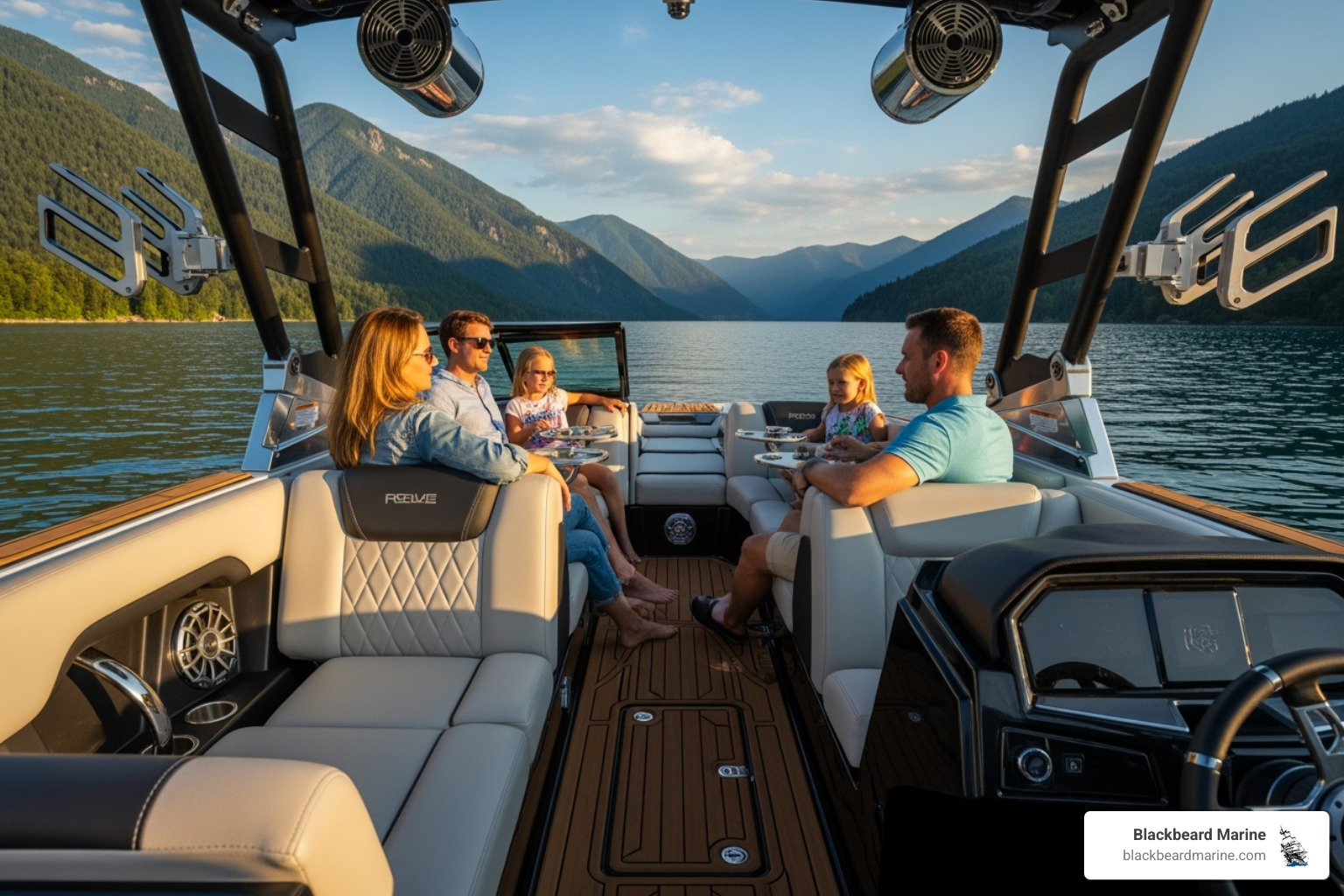 A luxurious Suncatcher or Lowe wake boat interior with convertible seating, showing friends and family relaxing comfortably - Best wake boats 2025