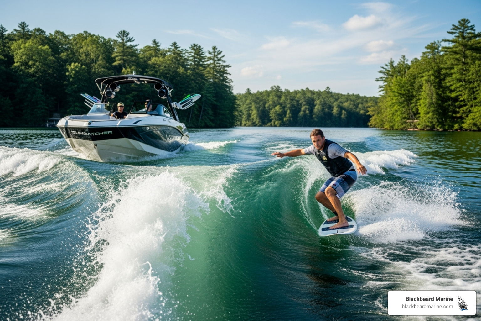 A large, clean surf wave behind a Suncatcher or Lowe boat, with a wakesurfer riding the wave - Best wake boats 2025