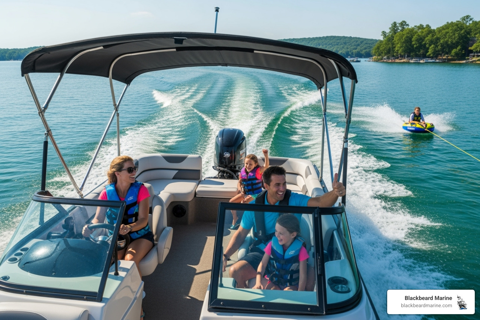 A Suncatcher tritoon pulling a tuber on Table Rock Lake, with a family cheering from the boat - Best wake boats 2025