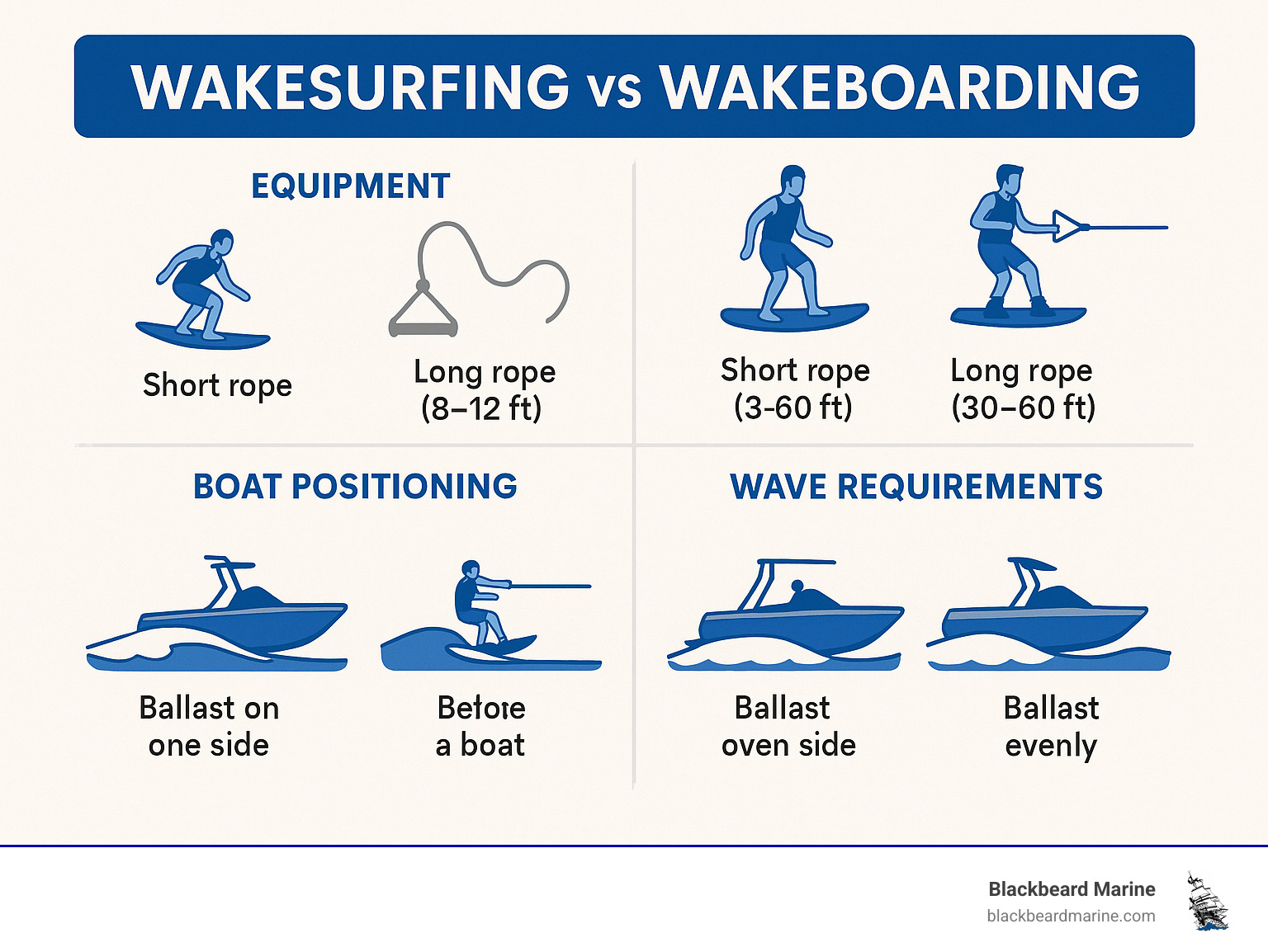 Infographic showing the differences between wakesurfing and wakeboarding equipment, boat positioning, and wave requirements, with icons depicting riders, rope lengths, and ballast configurations for optimal performance - Best wake boats 2025 infographic 